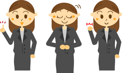 就職活動にやる気を出す女性・制服のスーツで仕事を頑張るOL女性3点セット・会社員・受付嬢・仕事