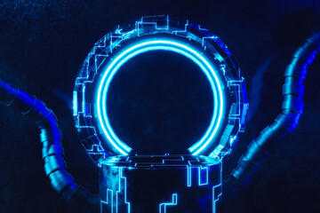 3d rendering sci-fi empty podium with blue neon light for product display.
