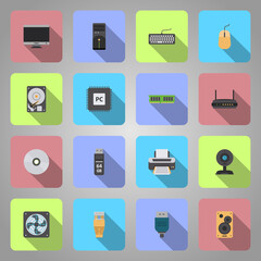Computer Hardware Icons. White Flat Design In Square. Vector Illustration.
