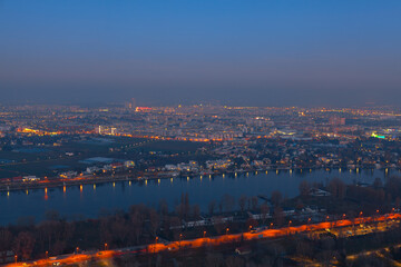 Vienna panorama in the evening . Aerial view of Vienna city with illuminated streets 