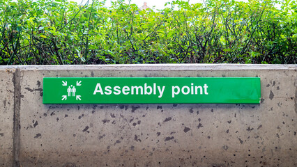 Informative green assembly point sign with people icon graphic on wall with hedge outside in public...