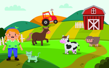 Obraz na płótnie Canvas Farm scene in nature with animals and a girl. Flat vector illustration. 