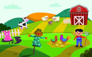Farm scene in nature with animals and a boy. Flat vector illustration. 