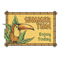 Summer time. Toucan with tropical leaves. Tropic background with bird for print and hawaii tiki bar