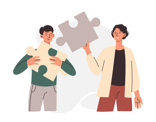 Teamwork and partnership concept. Man and woman hold puzzle pieces and connect them. Metaphor of cooperation and collaboration. Achieving success or effective work. Cartoon flat vector illustration