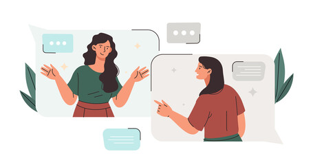 Online Discussion and Video Conference Concept. Young women communicate on social networks via video link. Remote meeting of friends or employees. Cartoon contemporary flat vector illustration