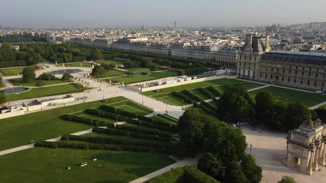 Carrousel and Tuileries gardens with cityscape, Paris. Aerial panoramic view