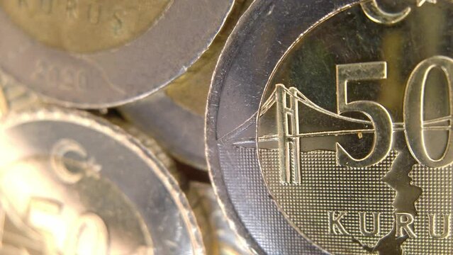 50 Kuruş (Turkish Lira) close-up shot. Isolated front and back side of Half Turkish Lira (tl - 50 kuruş) on white background.