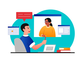 Video call concept. Man and girl communicate on Internet. Modern technologies and social networks. Remote employee, colleagues working on project, coworking. Cartoon flat vector illustration