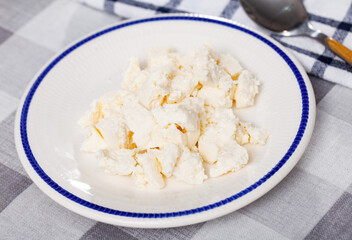 Portion of delicious fresh young curd cheese on a plate