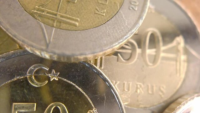 Fifty Turkish Kurus Coin Is Rotating On A Black Background. 50 Kuruş (Turkish Lira) close-up shot. 

