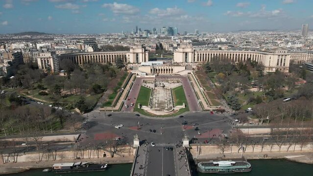 Palais de Chaillot and cityscape, Trocadero area. Paris. Aerial backward
