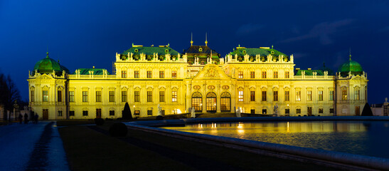 Illuminated Belvedere in Vienna, Austria. Historic building in Baroque style.