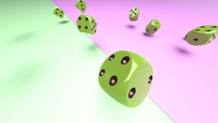 Rolling lime green dices on soft green and pink planes background. Concept image of statistical probability, gambling activities and decisive battle. 3D CG. 3D illustration.