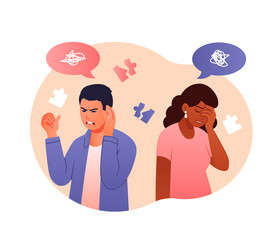 Mental health concept. Frustrated man and girl, family problems, bad relationship. Psychology troubles, depression, sadness and rage. Characters worried, stress. Cartoon flat vector illustration - obrazy, fototapety, plakaty