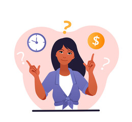 Woman making decision. Girl evaluates financial and time resources. Novice investor analyzes deal. Work or personal life, key choice, people searching balance. Cartoon flat vector illustration