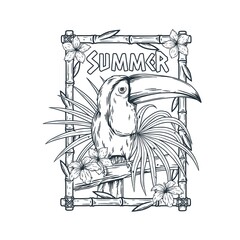 Summer toucan with tropical leaves. Tropic background with bird and flowers for print and hawaii tiki bar