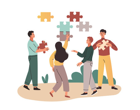 Team collects puzzles. Men and girls work on same project. Partnership, coworking and company development. Friendly colleagues, creative employees, brainstorming. Cartoon flat vector illustration