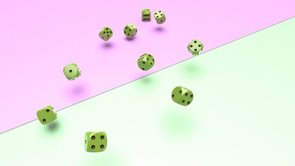 Fototapeta premium Rolling lime green dices on soft green and pink planes background. Concept image of statistical probability, gambling activities and decisive battle. 3D CG. 3D illustration.