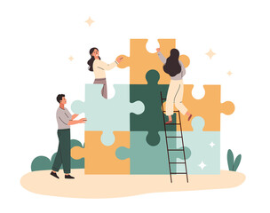 Business solution concept. Characters assemble picture from puzzles, metaphor for teamwork and company development. Contribution of employee to and colleagues. Cartoon flat vector illustration