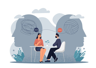 Psychotherapy doctor session. Man listens to girl, psychodog with patient. Mental problems and help. Uncertainties and difficulties in personal life, frustration. Cartoon flat vector illustration