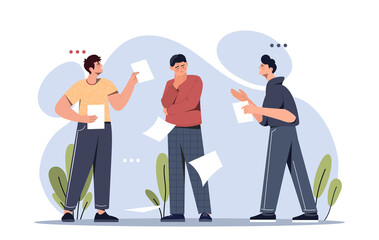 Job Burdens concept. Young confused man surrounded by documents, folders and papers. Employee stressed because of opinions and pressure of colleagues. Hard work, Cartoon flat vector illustration