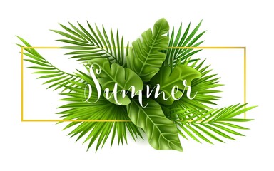 Tropical palm leaf isolated on white background. Realistic green summer plant tree banner. Tropic botanical branch Vector illustration