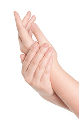 Woman hand showing on white background.