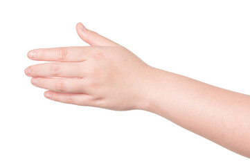  woman hand gesturing with thumb up isolated on white