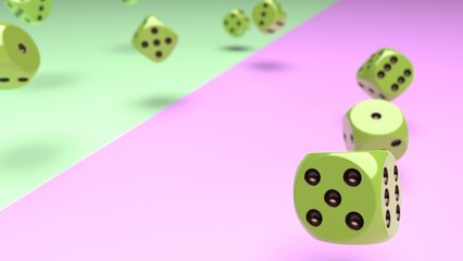 Rolling lime green dices on soft green and pink planes background. Concept image of statistical probability, gambling activities and decisive battle. 3D CG. 3D illustration.