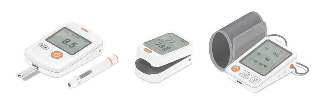 Set of digital medical devices. Glucometer, tonometer and pulse oximeter for diagnostics and monitoring of various health indicators. Realistic isometric vector collection isolated on white background