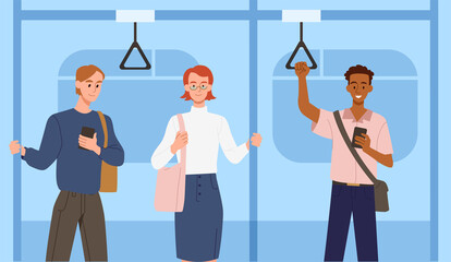 People in metro concept. Young men and women travel to work or university by underground train. Public vehicle or subway. Smiling characters hold on to handrails. Cartoon flat vector illustration - Powered by Adobe