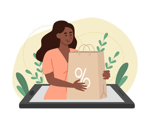 Online shopping concept. Young woman with package in her hands on smartphone screen. Making purchases in app or online store. Discounts or special offers. Cartoon modern flat vector illustration