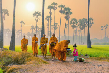 Thai girl from village in rural of Thailand offering foods to Buddhist monks - obrazy, fototapety, plakaty