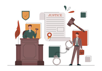 Law and Justice Concept. Smiling judge with hammer in his hands or lawyer with handcuffs for criminal or prisoner. Compliance with rights and laws of state. Cartoon modern flat vector illustration - obrazy, fototapety, plakaty
