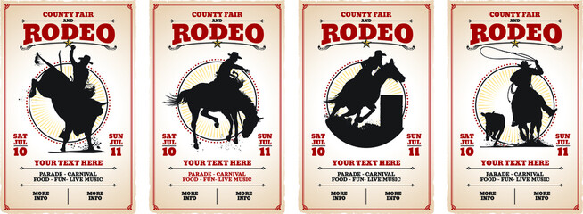 Four (4) rodeo event posters. Each has a different silhouette. A saddle bronc rider, a bull rider, a barrel racer and a calf roper. - obrazy, fototapety, plakaty