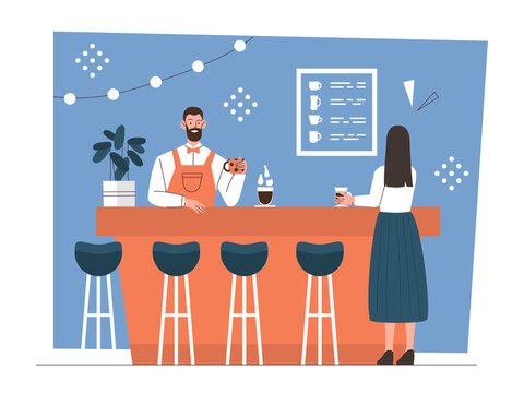 Coffee shop or cafeteria concept. Stylish restaurant with visitors. Young woman drinks hot drink. Male barista pours delicious coffee and smiles. Cartoon contemporary flat vector illustration