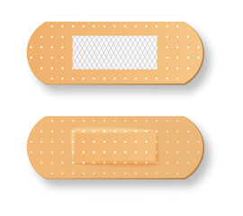 Set of plaster. Medical preparation for care of corns and open wounds. Infectious disease prevention, protection and emergency treatment. Cartoon flat vector illustrations isolated on white background