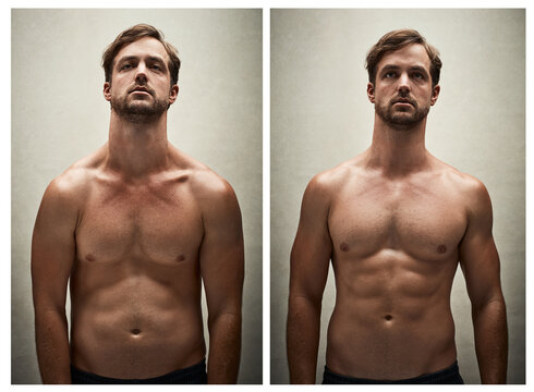 Rebuilding his body. Before and after studio shot of a shirtless young man working on his physique.