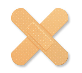 Set of plaster. Bandage cross, sticker for social networks and icon for site. Treatment of open wounds and protection against infections. Cartoon flat vector illustrations isolated on white background