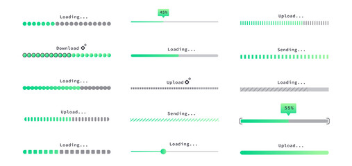 Progress loading bar set. Collection of elements for games. Interface of programs and applications, software development, loading. Cartoon flat vector illustrations isolated on white background