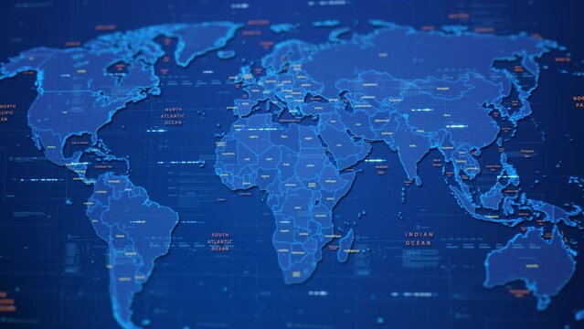 Digital world map animation, blue high tech map background. News broadcast TV background, technology grid video.