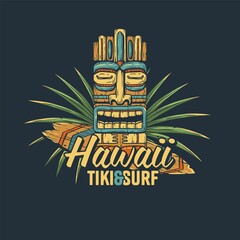 Surfing vector and hawaii tiki mask with surf and tropical leavs for tropic beach. Exotic mask and surfboard for summer prints or tiki bar © Casoalfonso