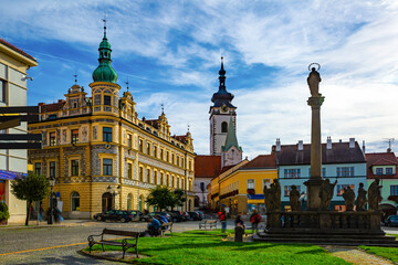 Fototapeta premium Typical narrow streets of czech city of Pisek in sunny autumn day. Czech Republic