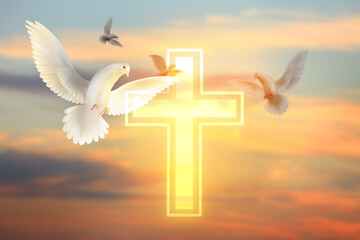 Glowing cross and doves in cloudy sky