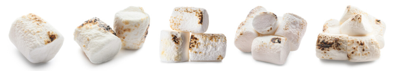 Fototapeta na wymiar Set of delicious roasted marshmallows isolated on white