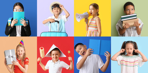 Obraz premium Collage with funny little children on colorful background