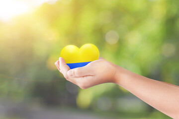 Child hand holding heart in the color flag nation of Ukraine over green nature background. Concept of ending the war in Ukraine.