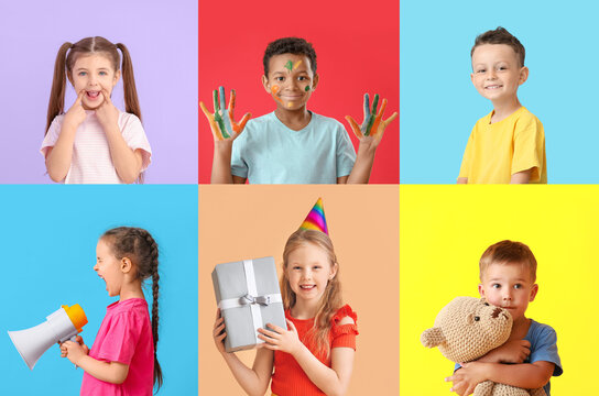 Collage with cute funny children on colorful background