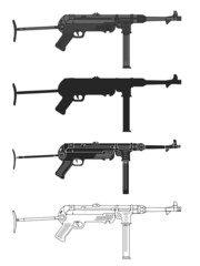 German WW2 Submachine gun MP 40. Vector illustration set